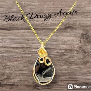 🖤26.5CT black exposed druzy agate-wire wrapped stone artisan pendant